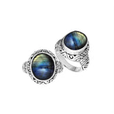 Sterling Silver Labradorite Ring With Balinese Carved Band For Women